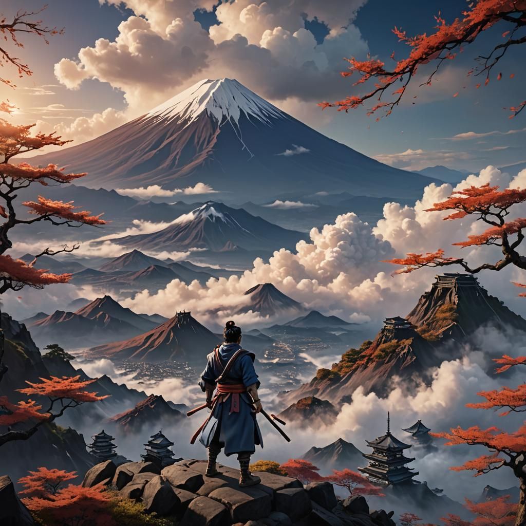 Hero Ryu on Mount Fuji: Detailed Matte Painting
