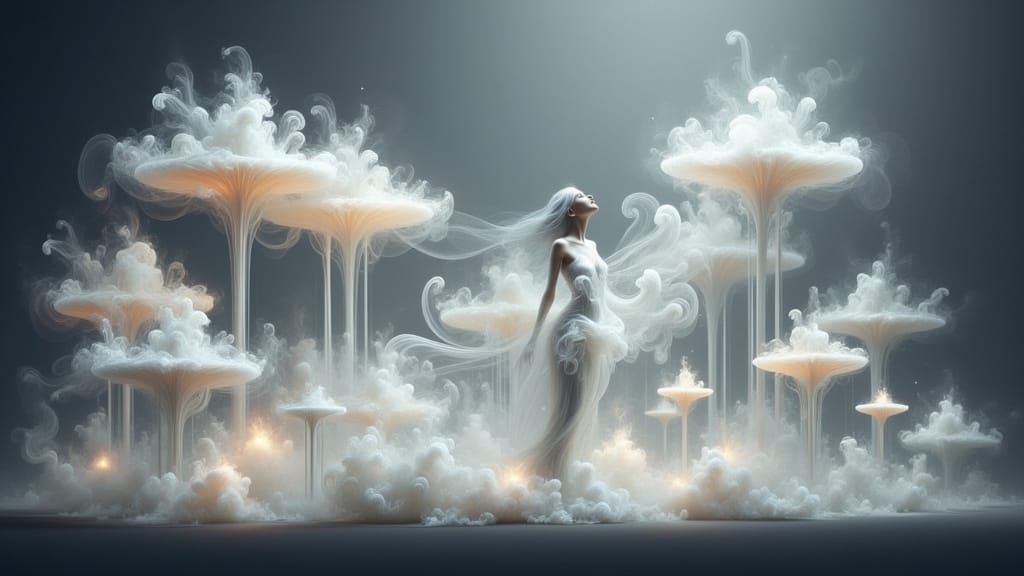 Ethereal Celestial Figure in White Forest