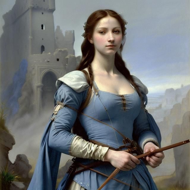 Blue Archer in Fog Before Ruined Castle