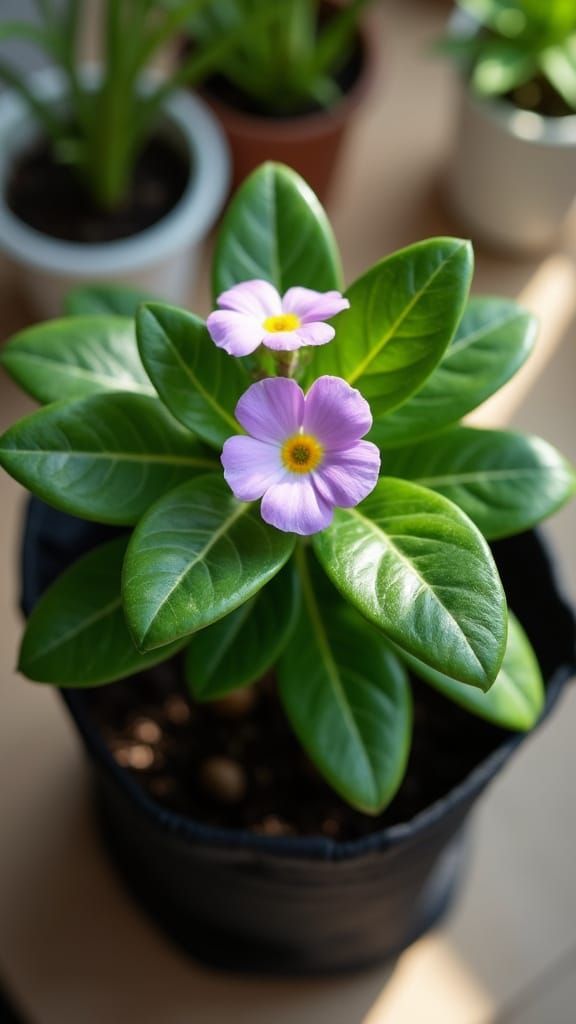 Madagascar Periwinkle Plant Macro Shot with Purple-Pink Blos...