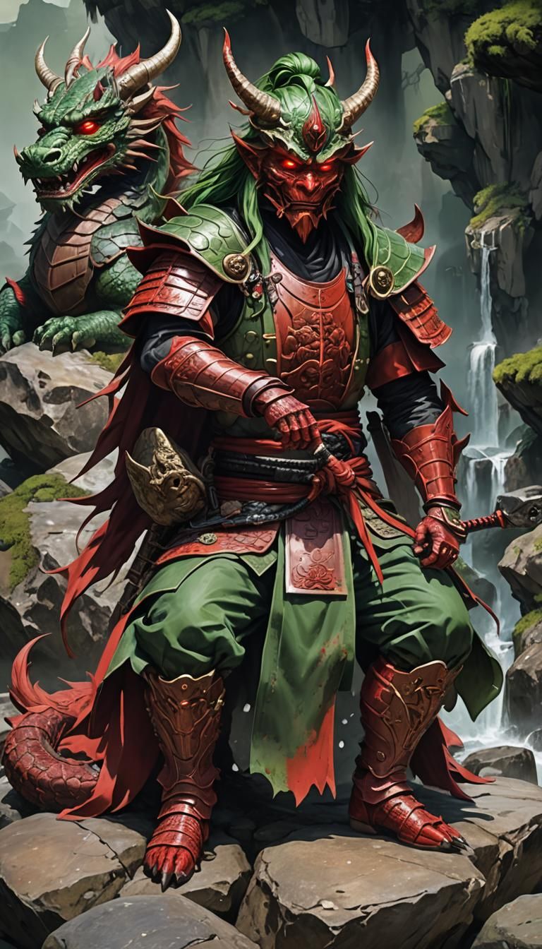 Green Demon on Throne with Samurai Mask