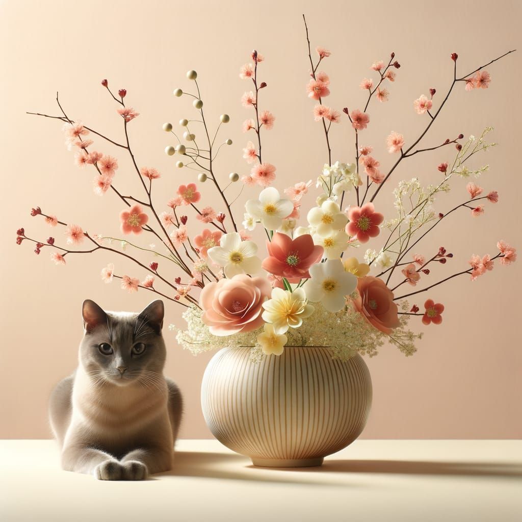 Cat-Themed Minimalist Ikebana Flower Arrangement