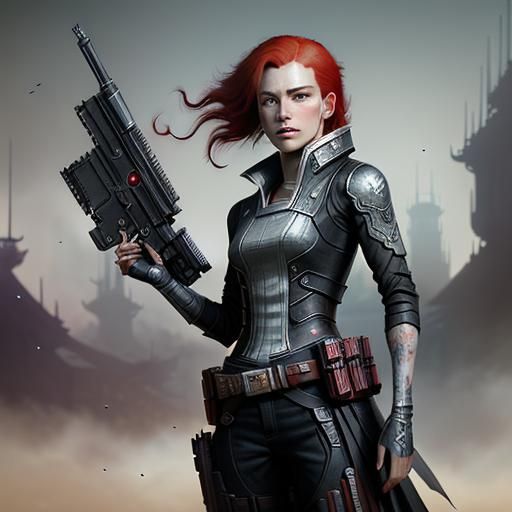 Red-Haired Gunslinger: Futuristic Ukiyo-e Concept Art