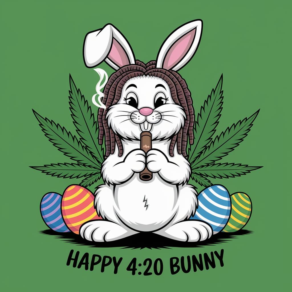 Easter Bunny with dreadlocks smoking a blunt surrounded by marijuana beneath is written "Happy 4:20 Bunny"