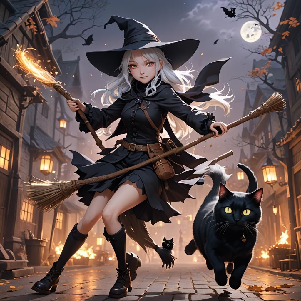 Anime Witch Girl Rides Broom with Cat