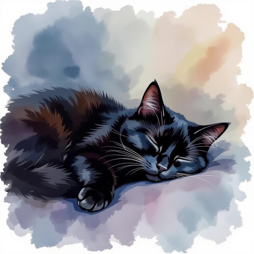 Watercolor Black Cat Sleeping Peacefully