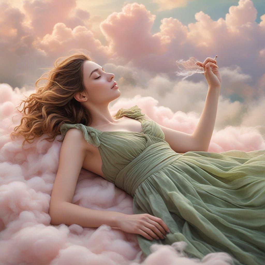 Ethereal Woman Twirling Clouds in Impressionist Style