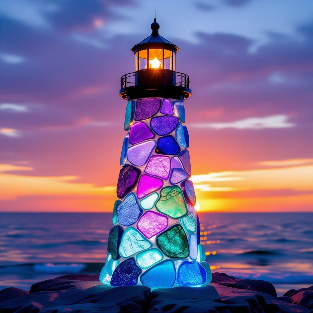 Luminescent Sea Glass Lighthouse at Sunset