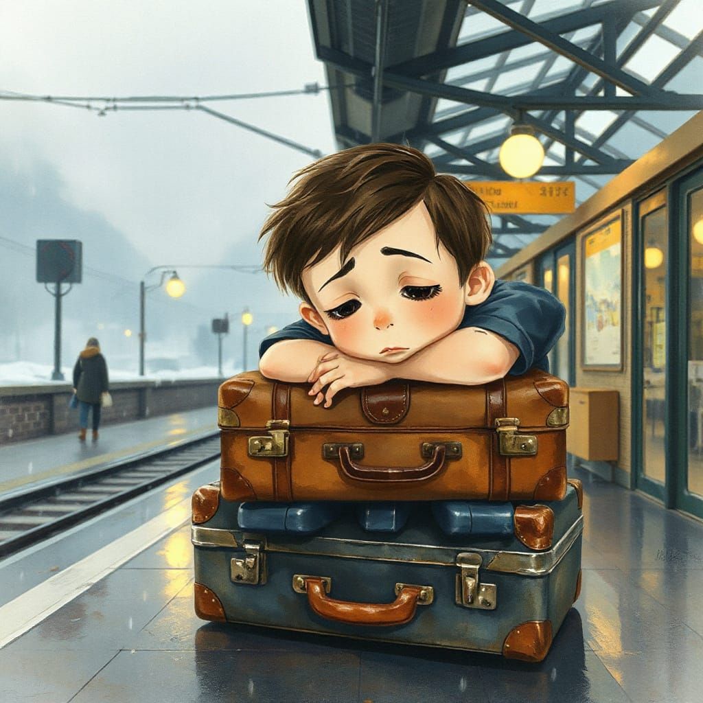 Sleepy Boy Rests on Suitcases in Dreamy Train Station