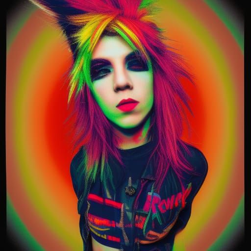 Detailed color drawing of a female punk rocker, multicolor