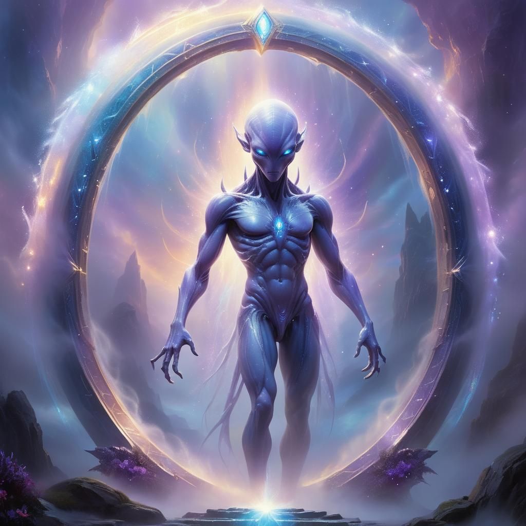 Alien Emerges from Shimmering Stargate in Ethereal Art