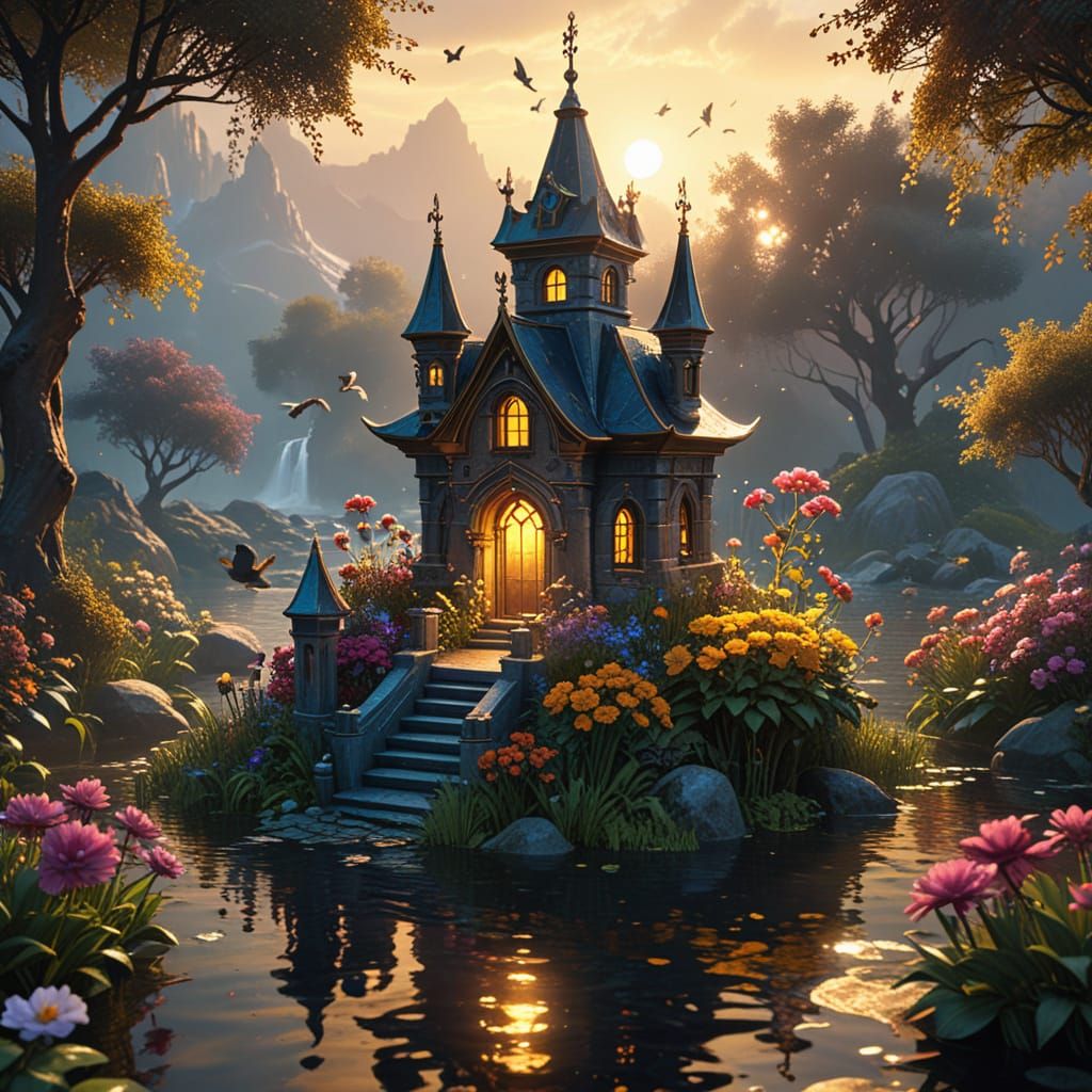 Golden Castle Birdhouse in Pond: Dark Fantasy Art