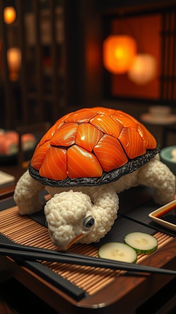 Hyper-Realistic Sushi Turtle Sculpture in Futuristic Realism...