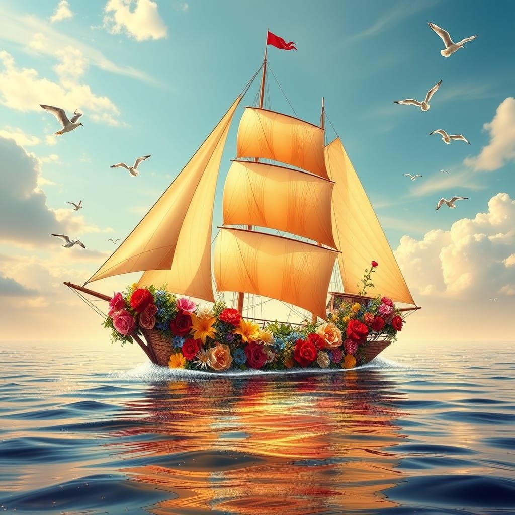 Fantastical Flower-Adorned Sailing Vessel in a Surrealist La...