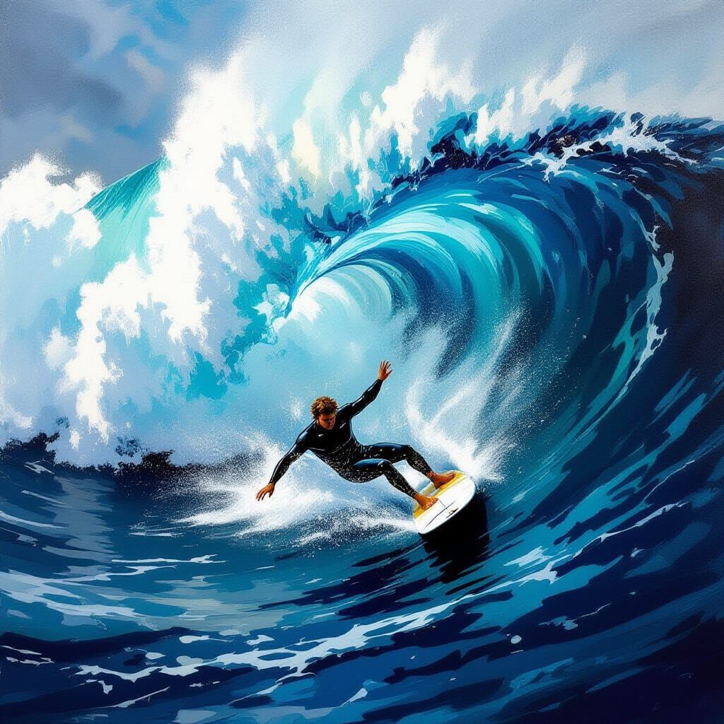 Surfer in Giant Wave, Underwater Chaos, Surreal Art