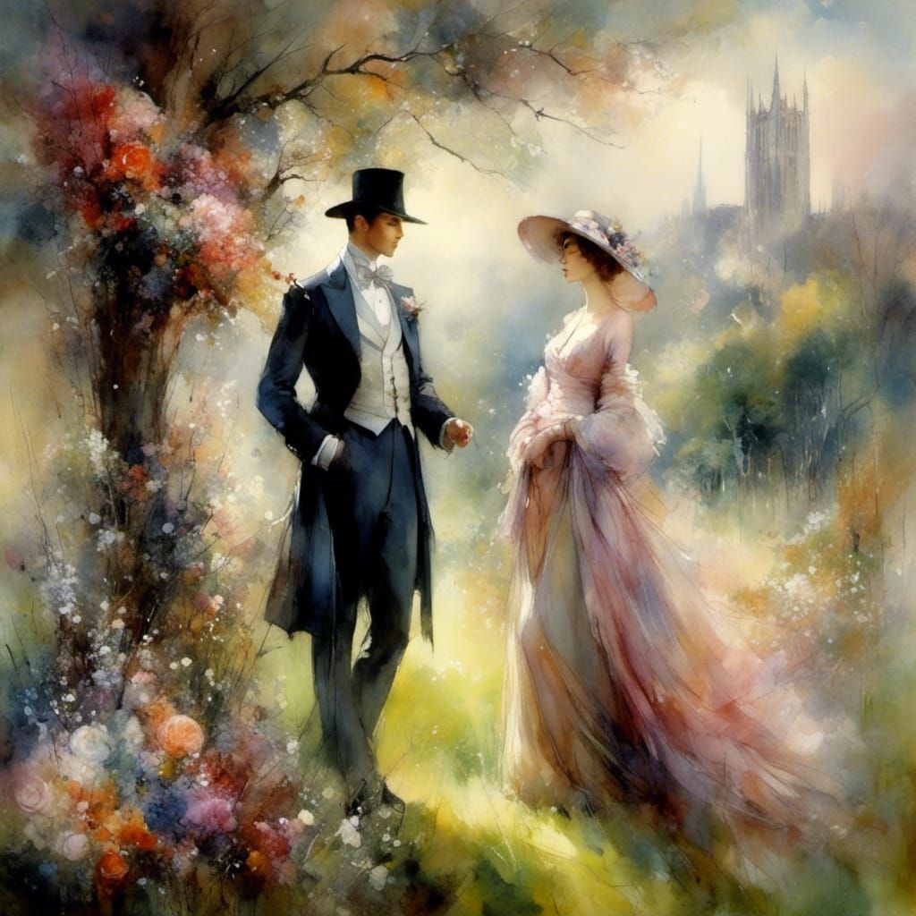 Renaissance Lord and Wife in Garden Romance