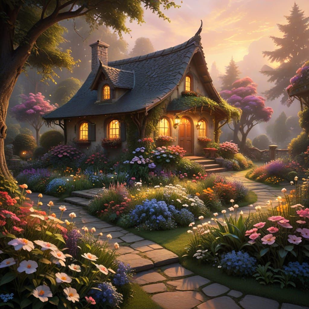 Whimsical Garden Scene in Warm, Dreamy Light