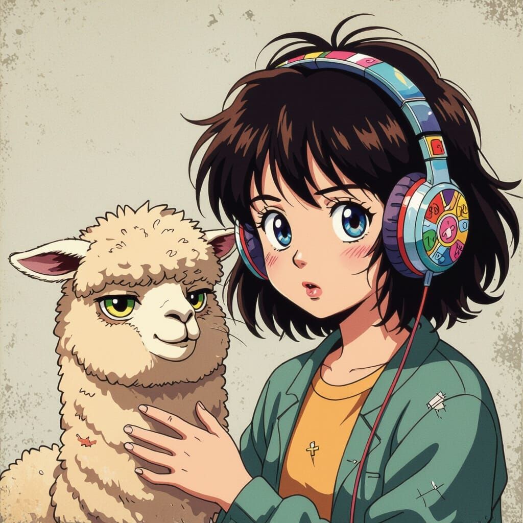 Anime Girl with Retro Headphones Pets Annoyed Alpaca