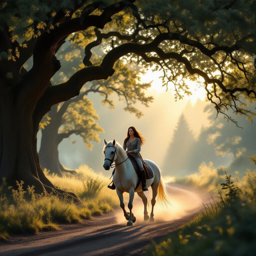 Mysterious Woman Gallops White Horse Through Forest at Sunse...