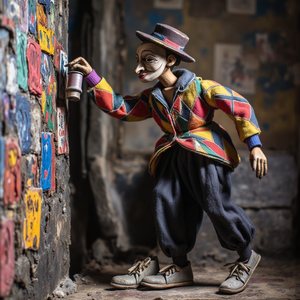 Arlecchino: Modern Graffiti Artist in Urban Alley