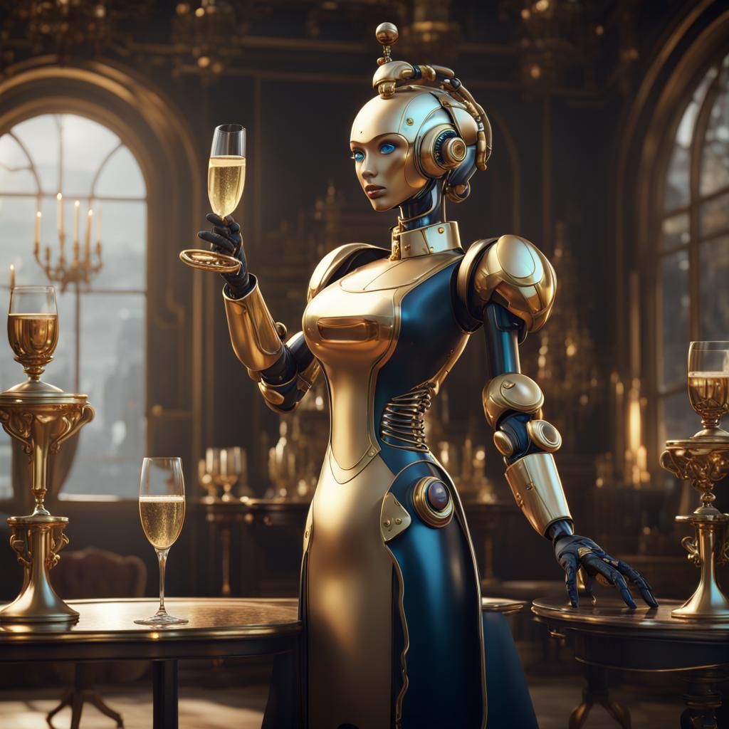 Female Robot butler whith gold details serving champagne