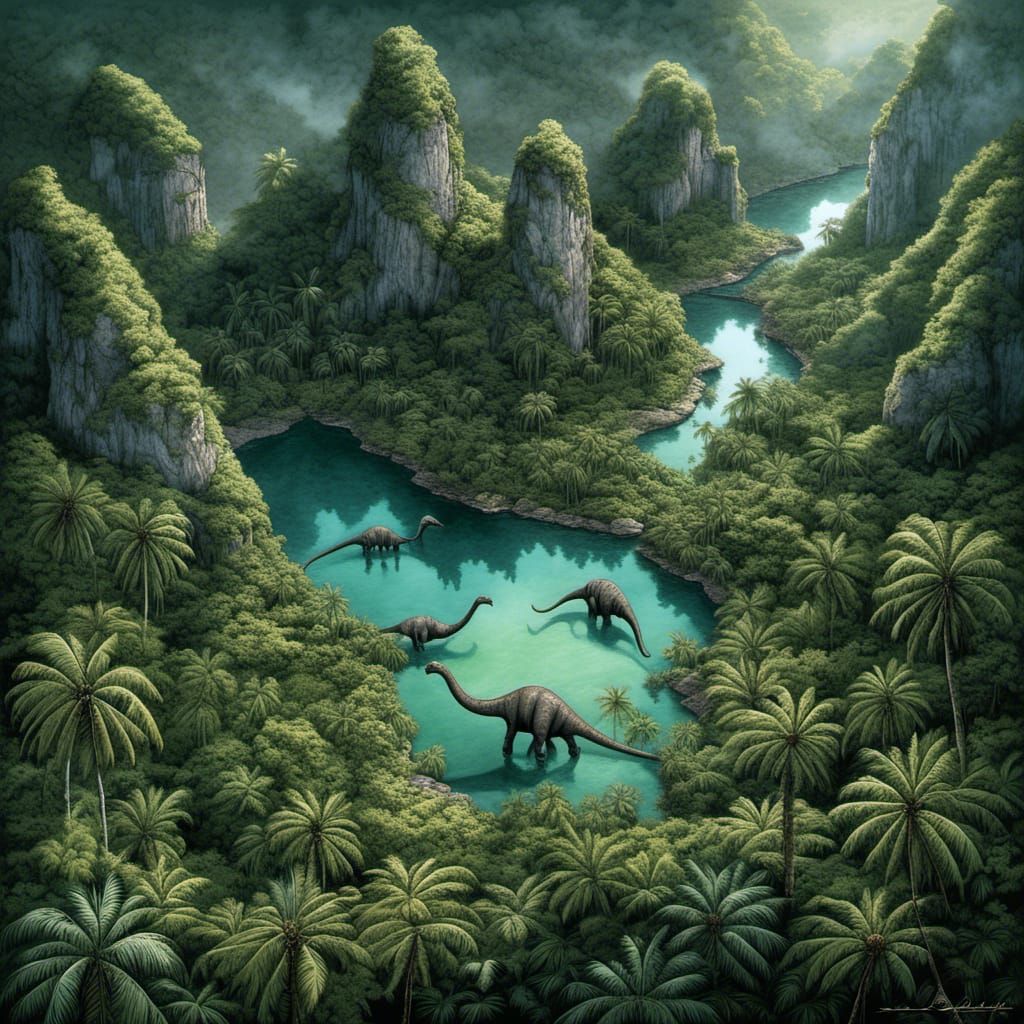 Brontosaurus in Mirrored Jurassic Rainforest: Digital Render...