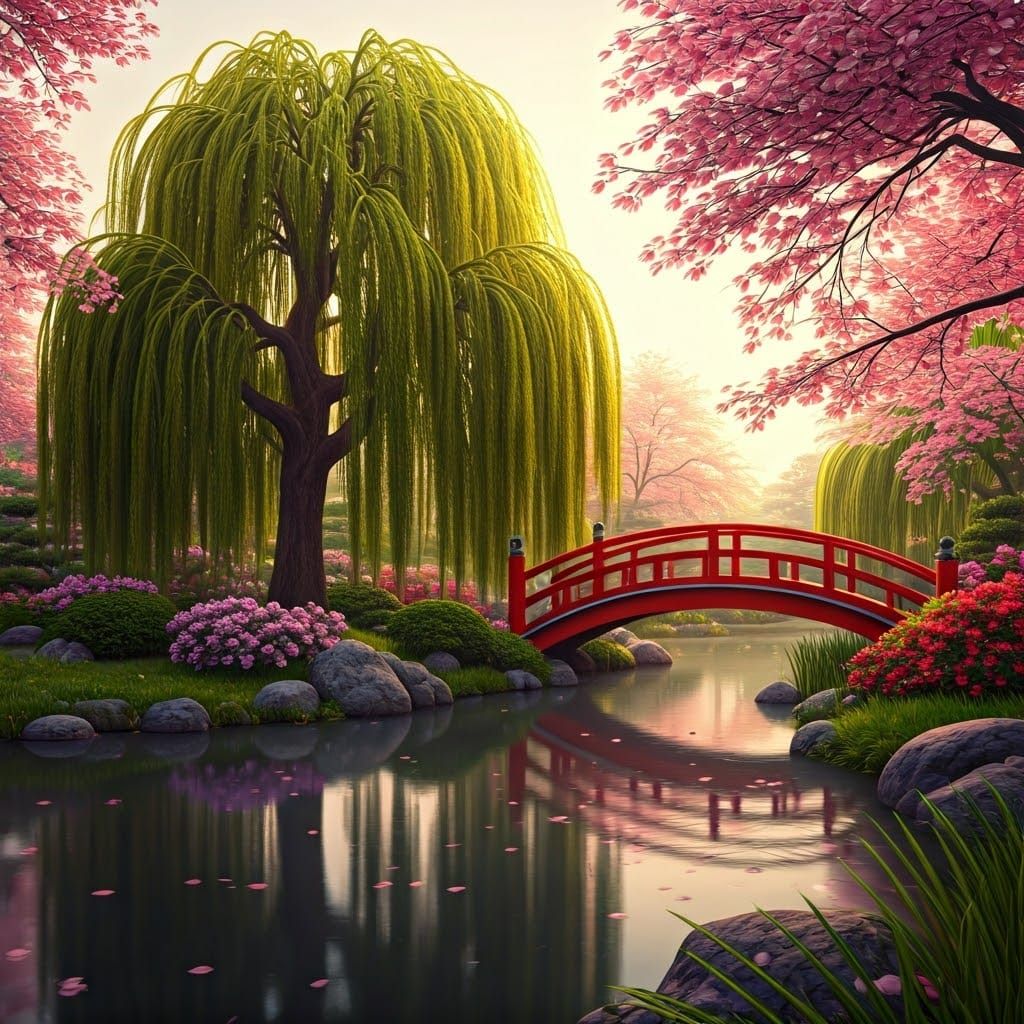 Serene Japanese Garden with Pink Cherry Blossoms