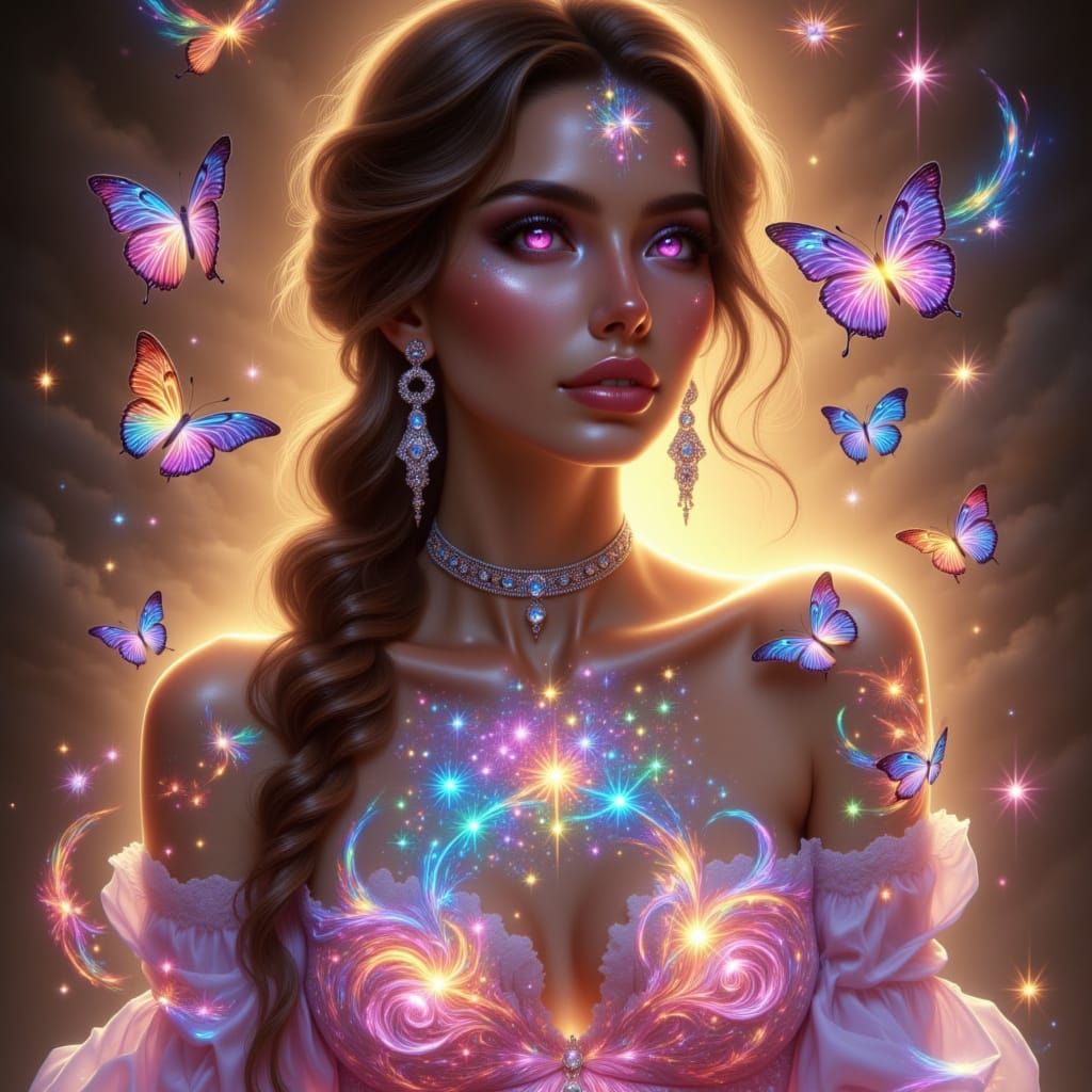Woman with Luminous Tattoos and Butterflies