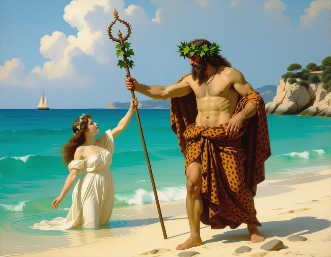 Dionysos Aids Ariadne on Beach, Inspired by Old Masters