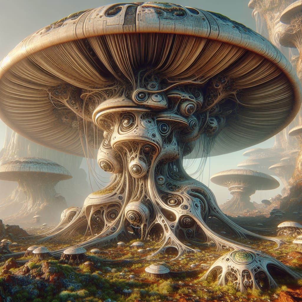 Biomechanical Mushroom in Extraterrestrial Landscape