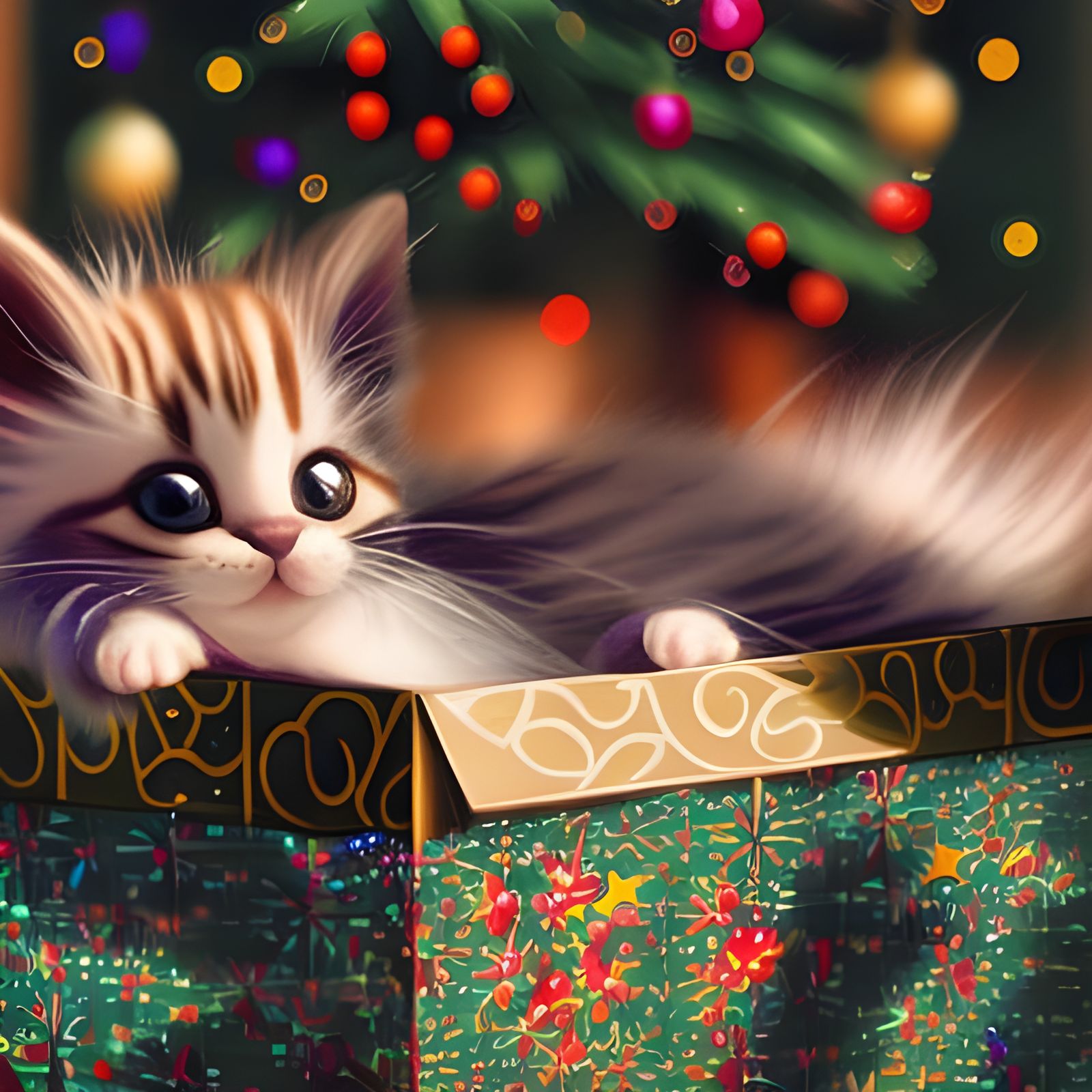 Cute Christmas Kitten in a Gift Box
