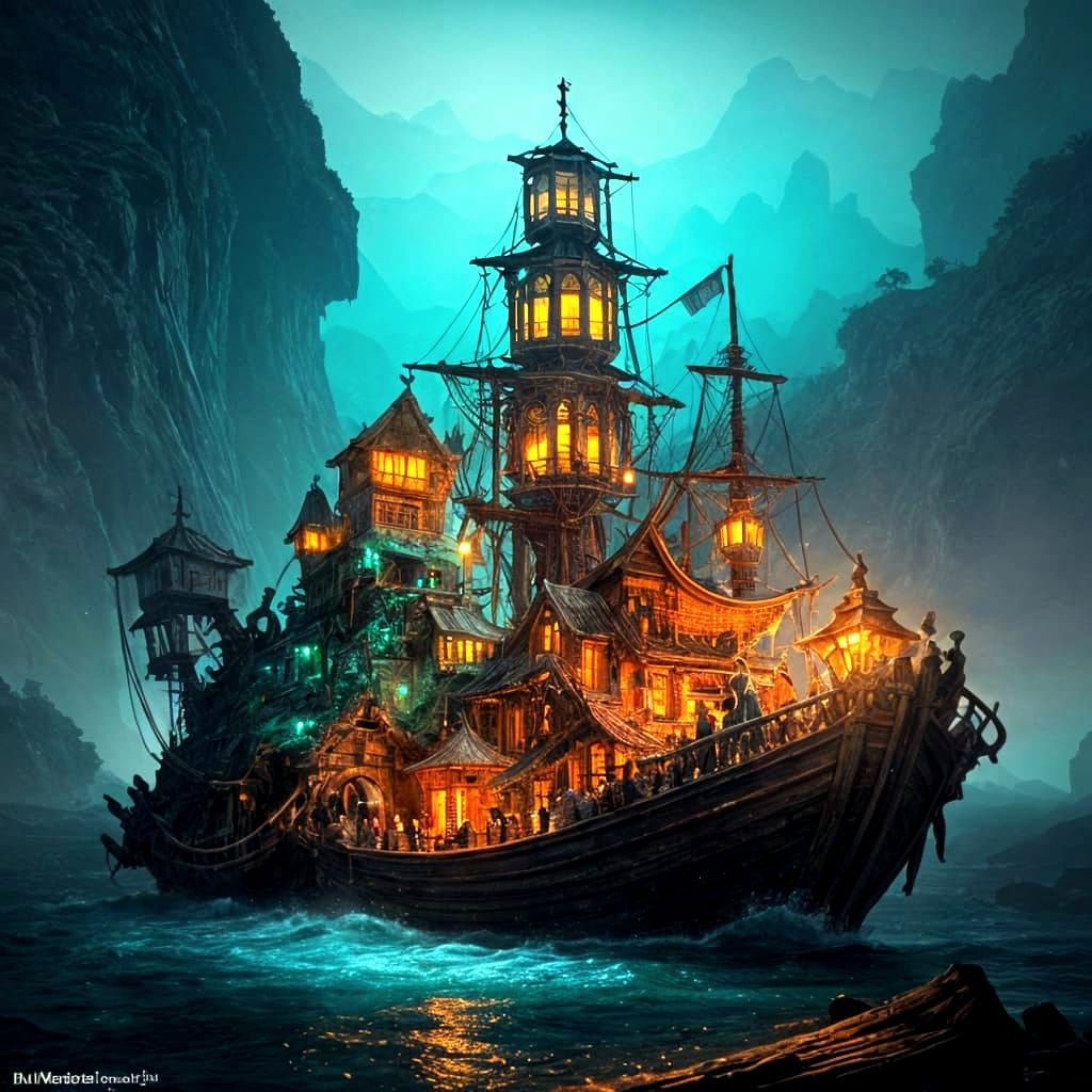 Pirate hideout in a huge grotto.
