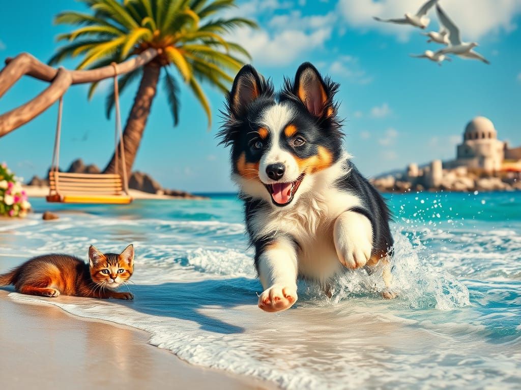 Joyful Scottish Shepherd Puppy Plays on Mediterranean Beach