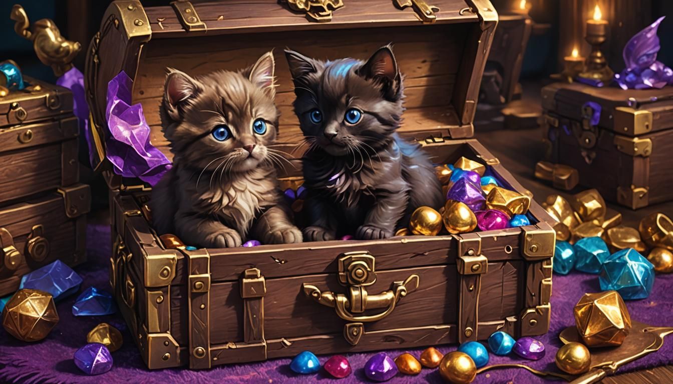 Chocolate Kittens and Puppy on Treasure Chest
