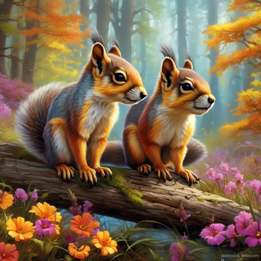 Fox Squirrels in Spring Wildflowers, Chuck Pinson Style