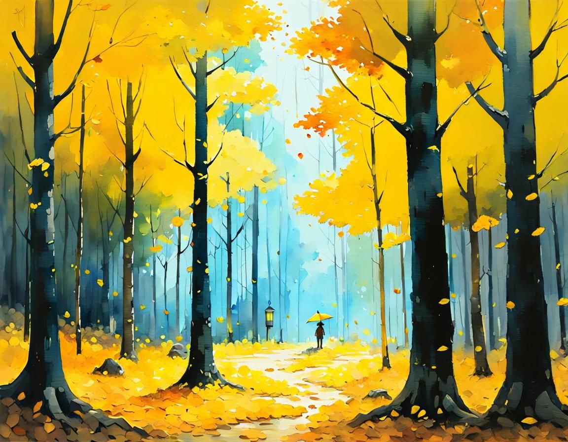 (a autumn forest; yellow leaves; yellow:1.2);watercolor calligraphy; oil painting