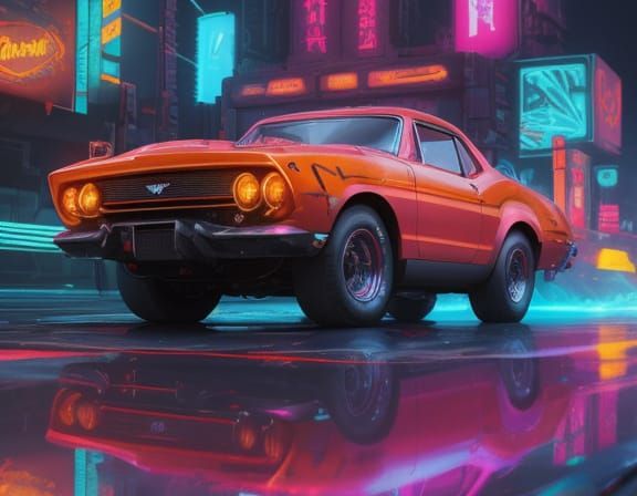 Cyberpunk Hot Rod with Glowing Circuits in Neon Style