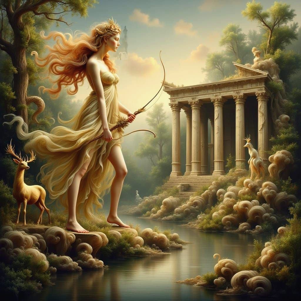 Artemis with Deer at Ancient Temple Ruins