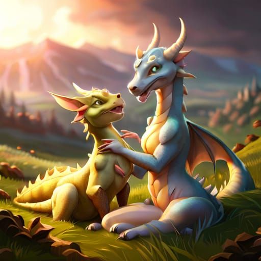 Dragon Cuddling in Meadow, Art Nouveau Style