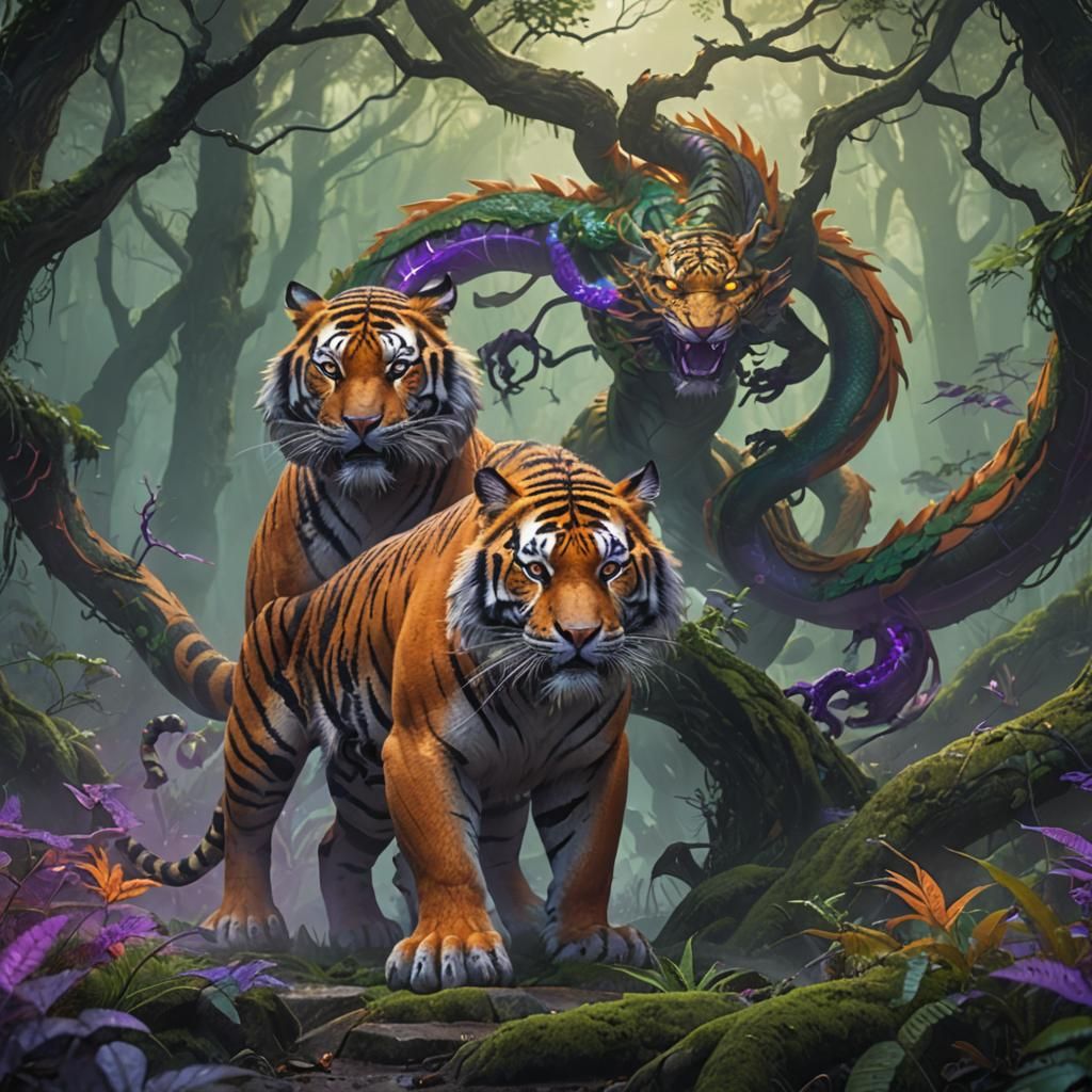 Tiger and Dragon Entwined in Mystical Forest