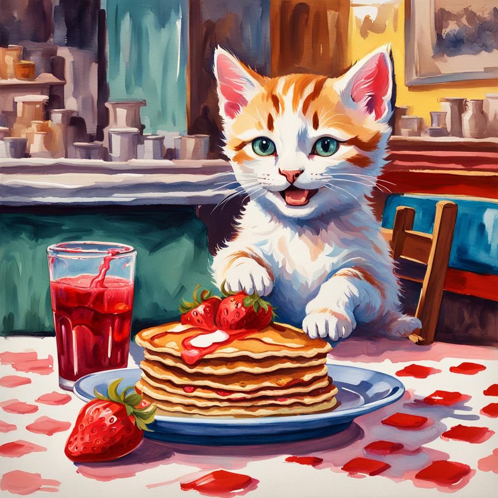 Happy Kitten with Pancakes in Gouache Style