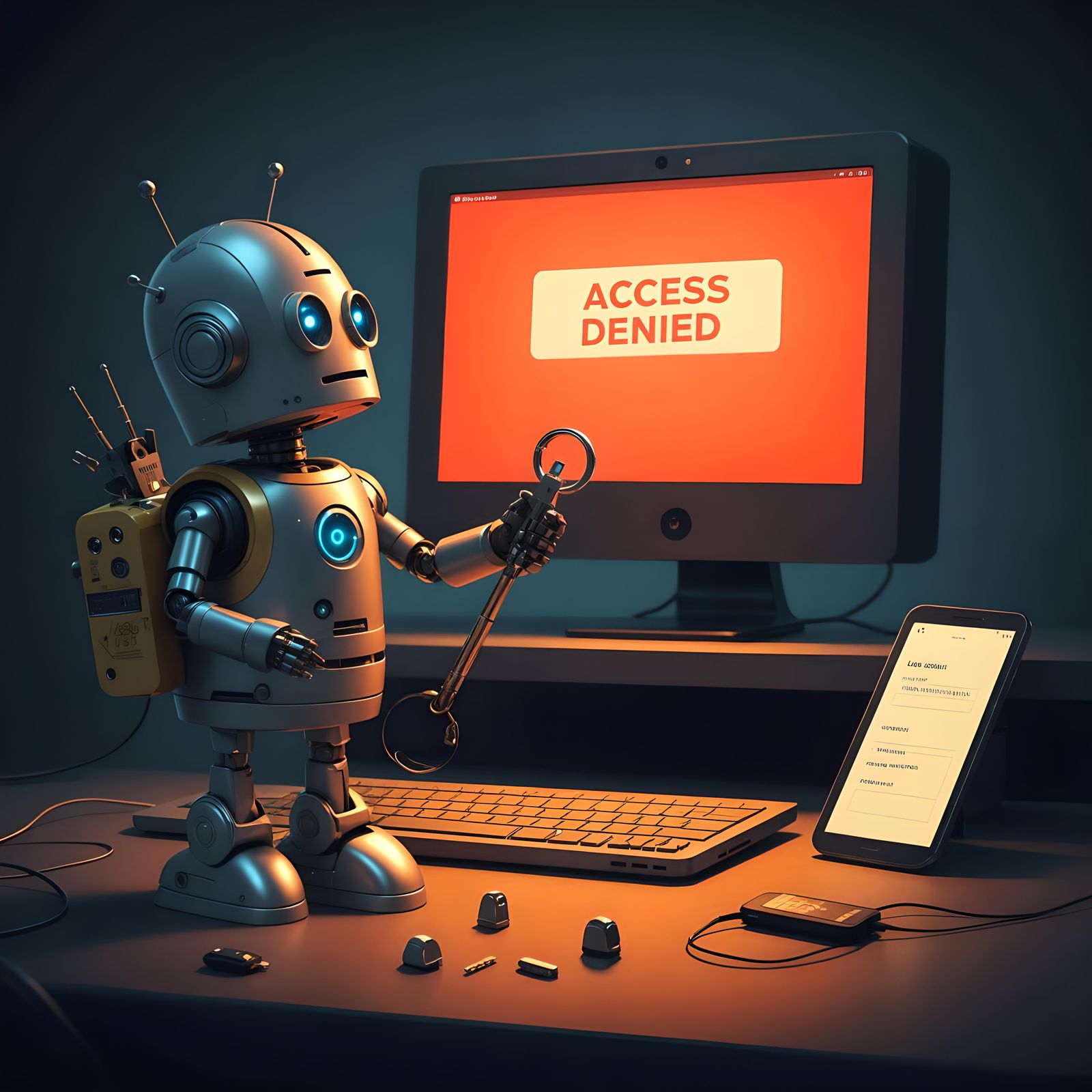 Cartoon Robot Locked Out: Two-Factor Authentication