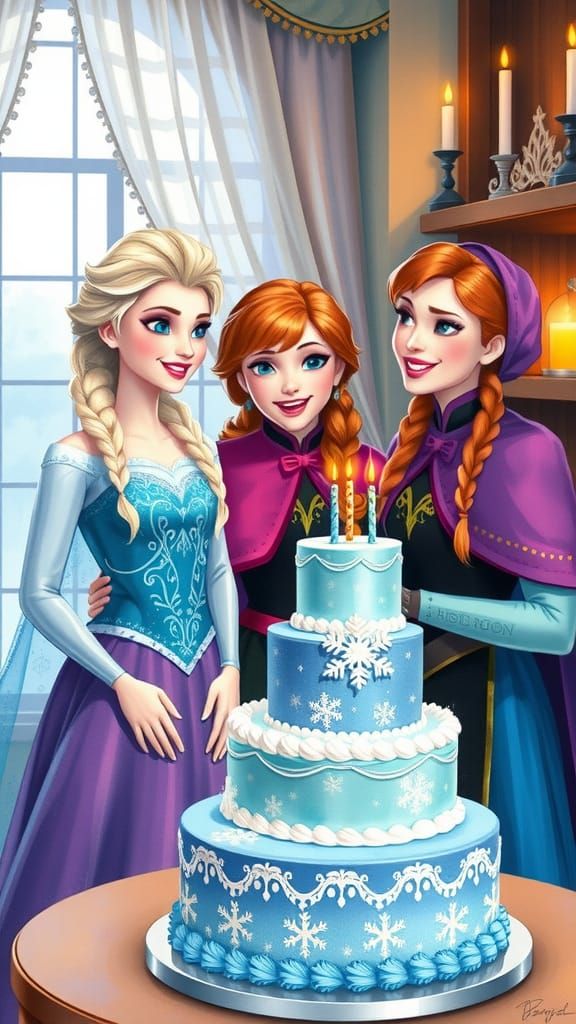 Elsa and Anna Celebrate with Birthday Cake