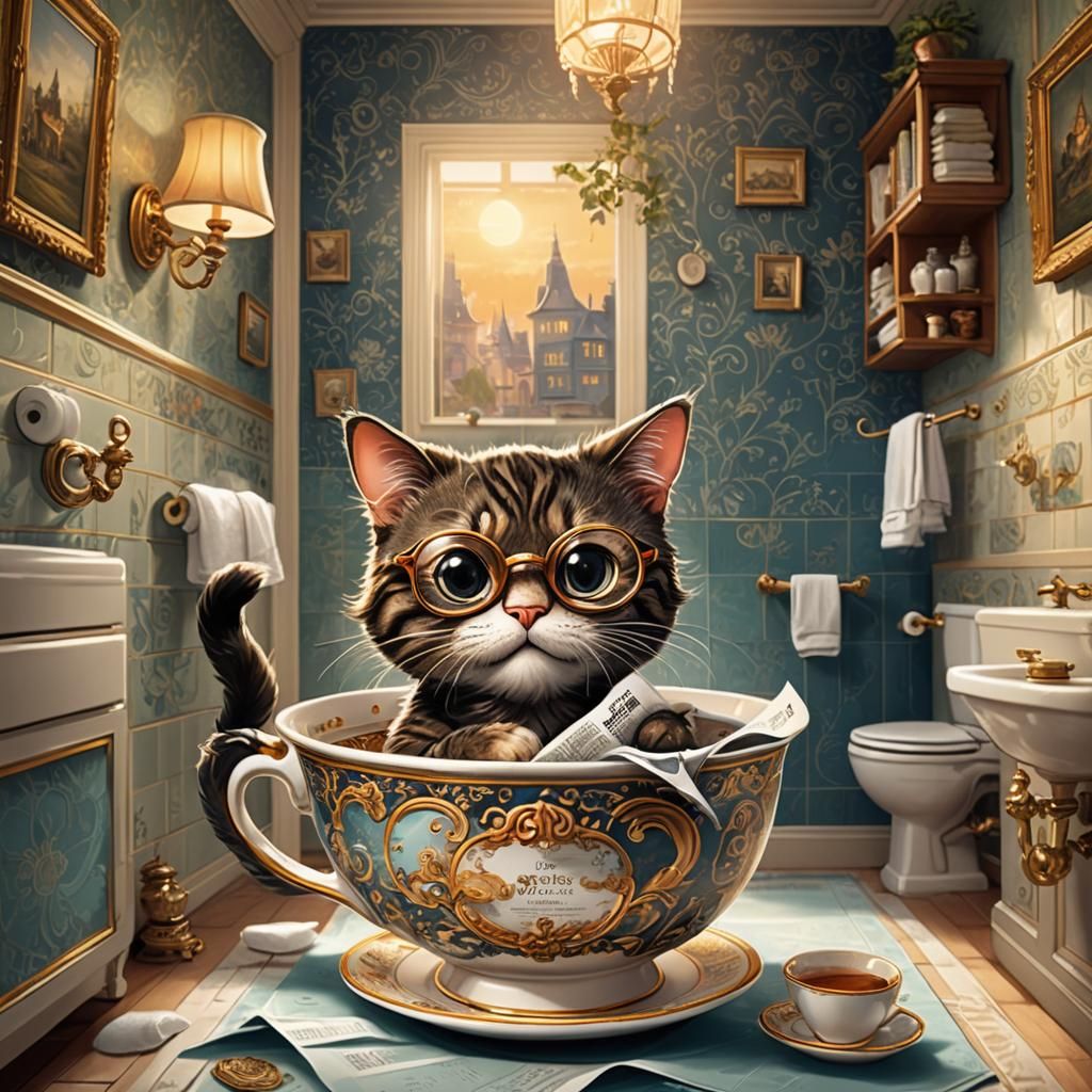 Funny Cartoon Cat in Teacup House