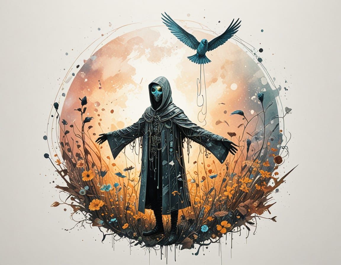 Biomechanical Drone With Wanderer in Sci-Fi Wasteland