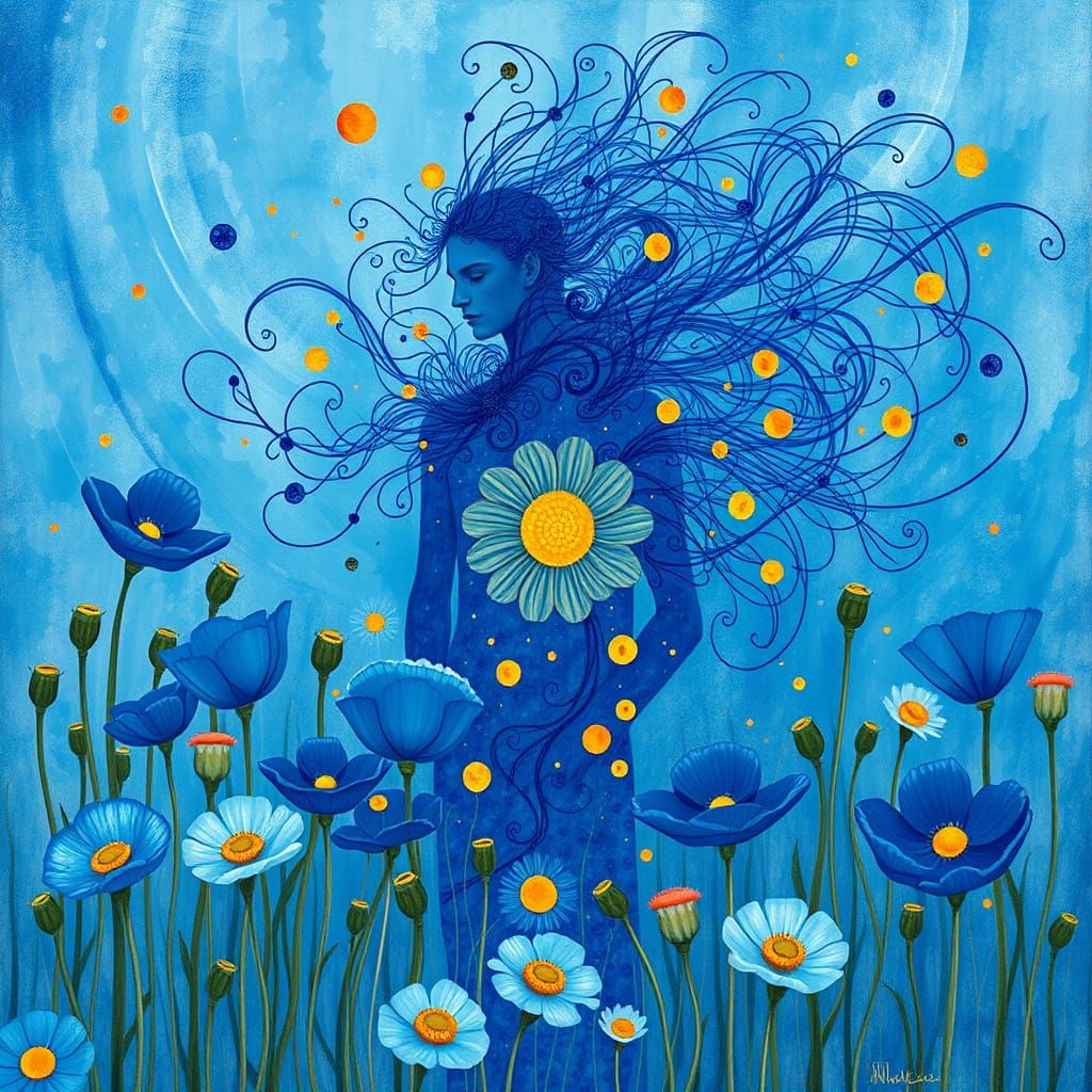 Ethereal Figure in Cobalt Blue Amidst Whimsical Poppy Field