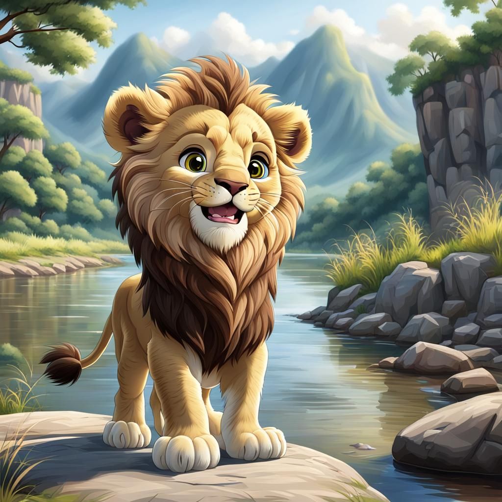 Happy Cartoon Baby Lion by the River