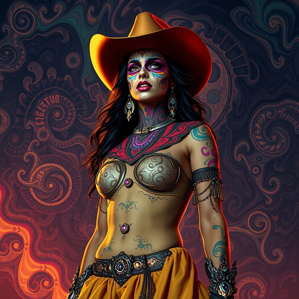 Psychedelic Cowgirl in Fractal Landscape