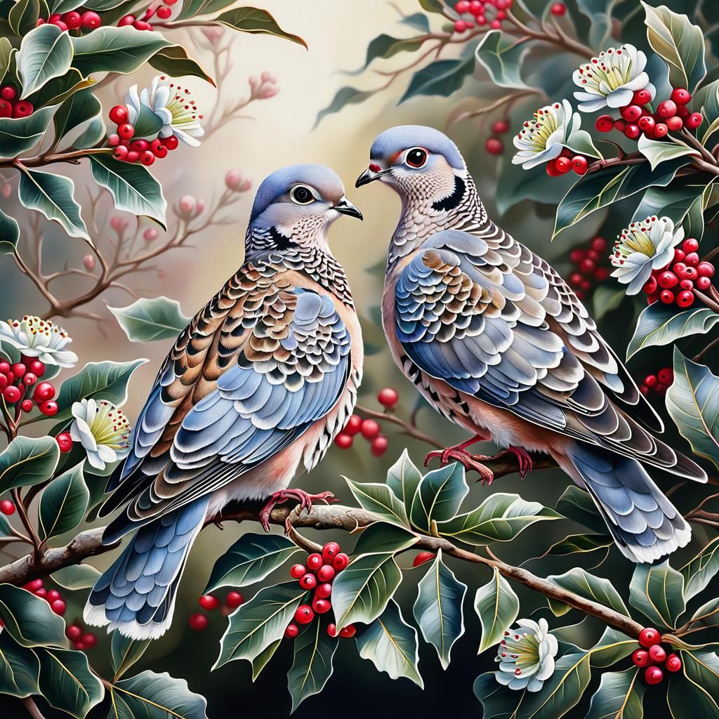 Realistic Turtle Doves Perched on Holly Bush