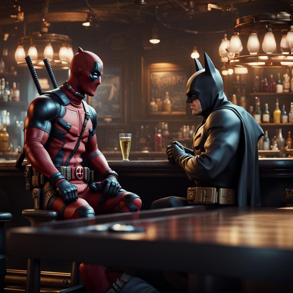 Deadpool and Batman in a Fantasy Bar Scene